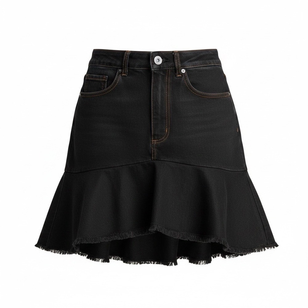 Umgee Black Denim Ruffle Skirt Western Flare High Waist Raw Hem Size S NWT